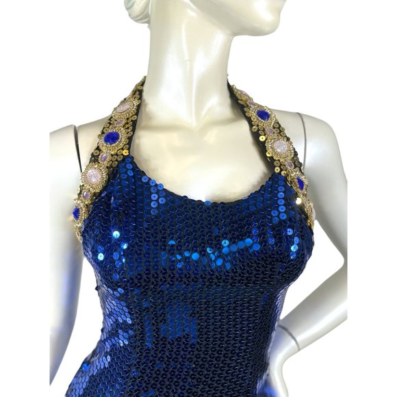 Sequin mini halter dress with jewels blue and gold by Alyce Designs Size XS/S - Picture 3 of 10